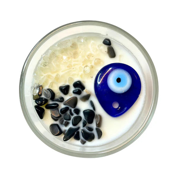 Evil Eye Protection, 100% Soy Candle with Black Obsidian and Clear Quartz Crystals, 7.1 oz - Evil Eye Pendant Included