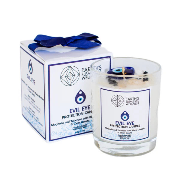 Evil Eye Protection, 100% Soy Candle with Black Obsidian and Clear Quartz Crystals, 7.1 oz - Evil Eye Pendant Included