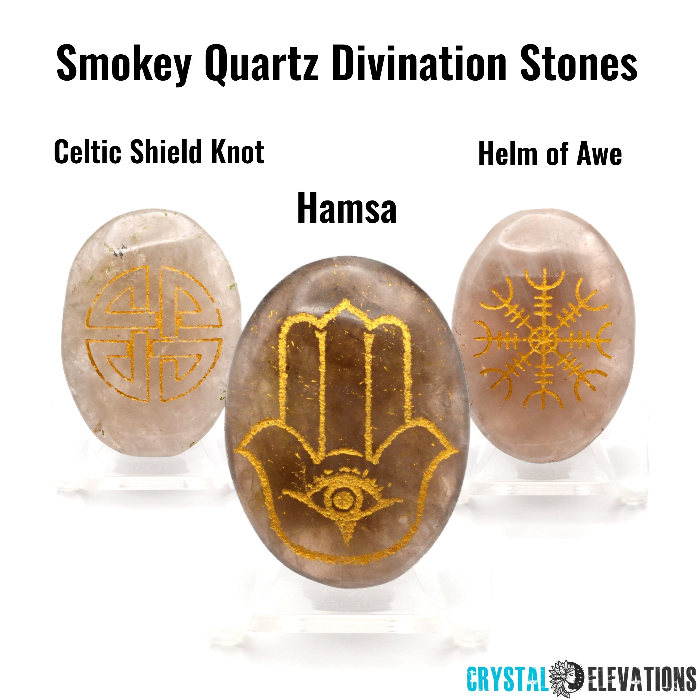 Smoky Quartz Engraved Divination Stones - Helm of Awe, Celtic Shield Knot, Hamsa