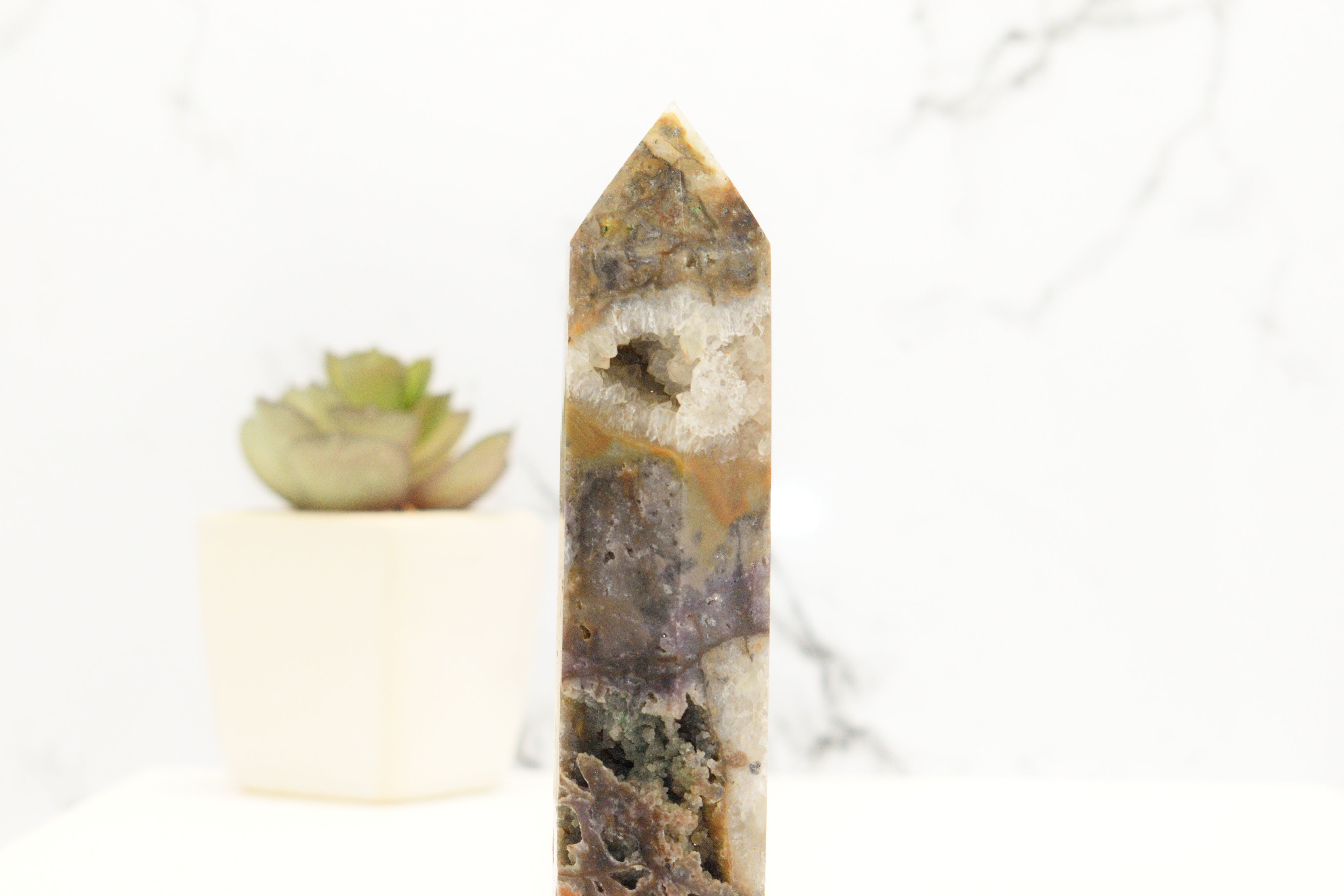 Sphalerite Tower With Grape Agate And Clear Quartz Druzy