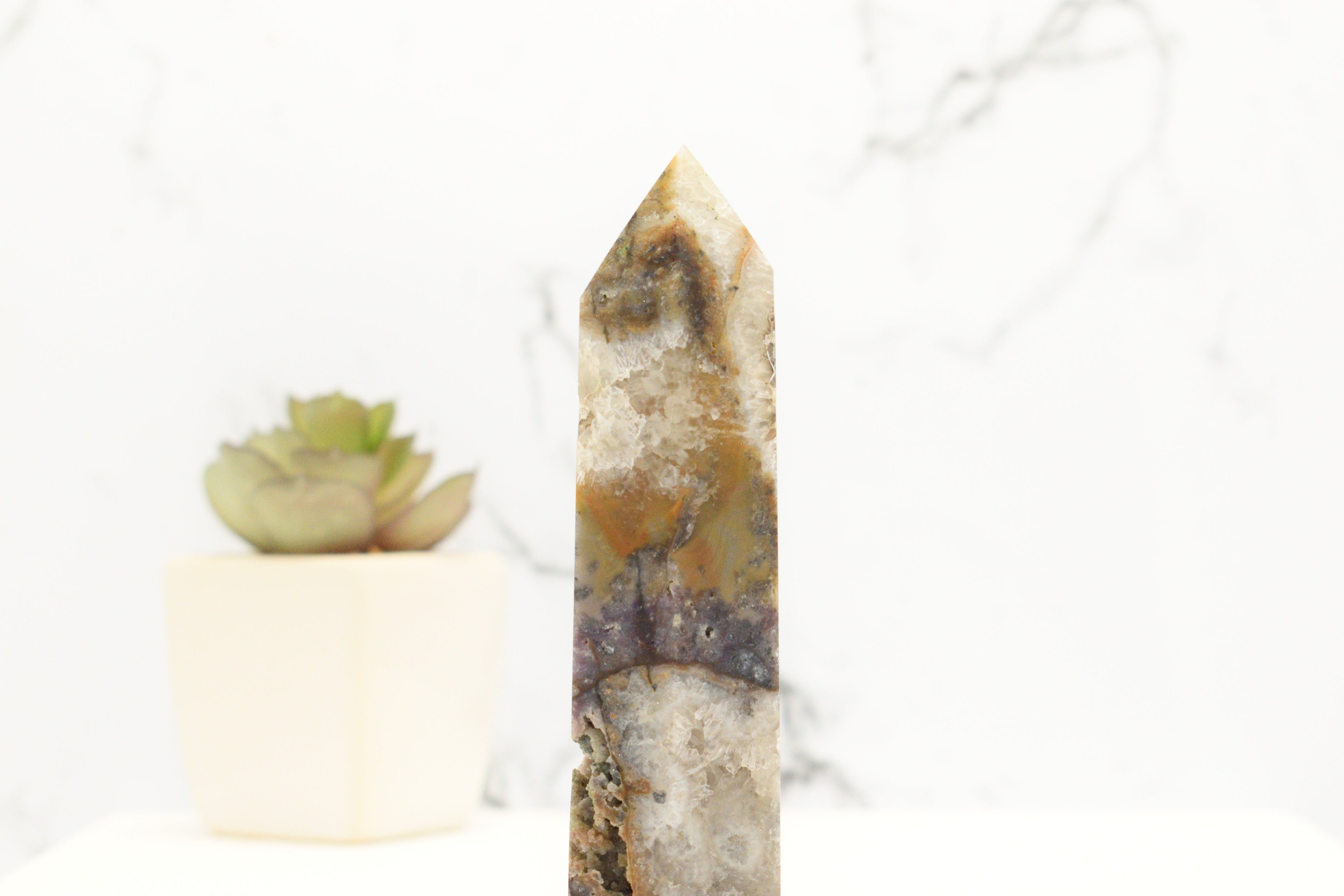 Sphalerite Tower With Grape Agate And Clear Quartz Druzy