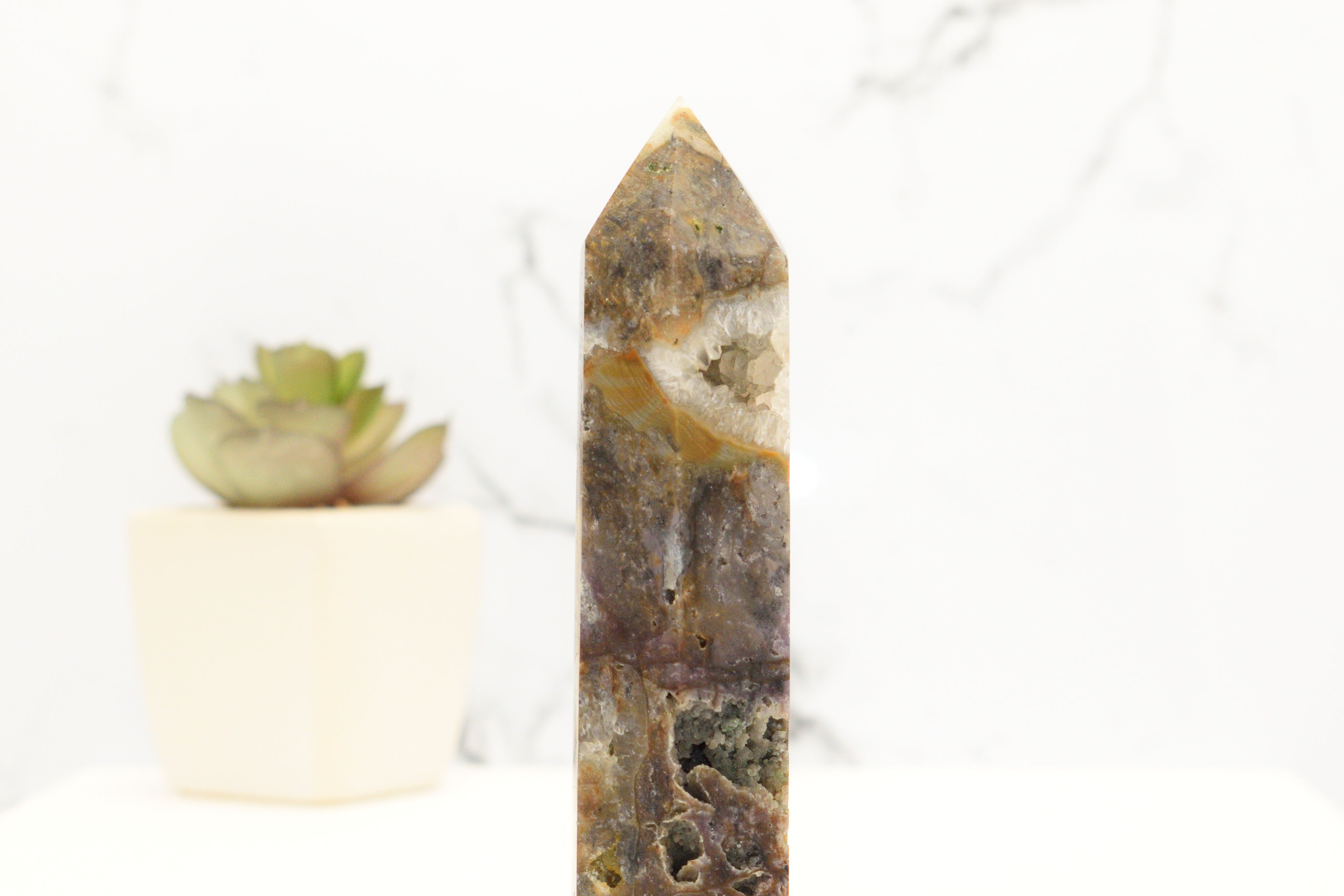 Sphalerite Tower With Grape Agate And Clear Quartz Druzy