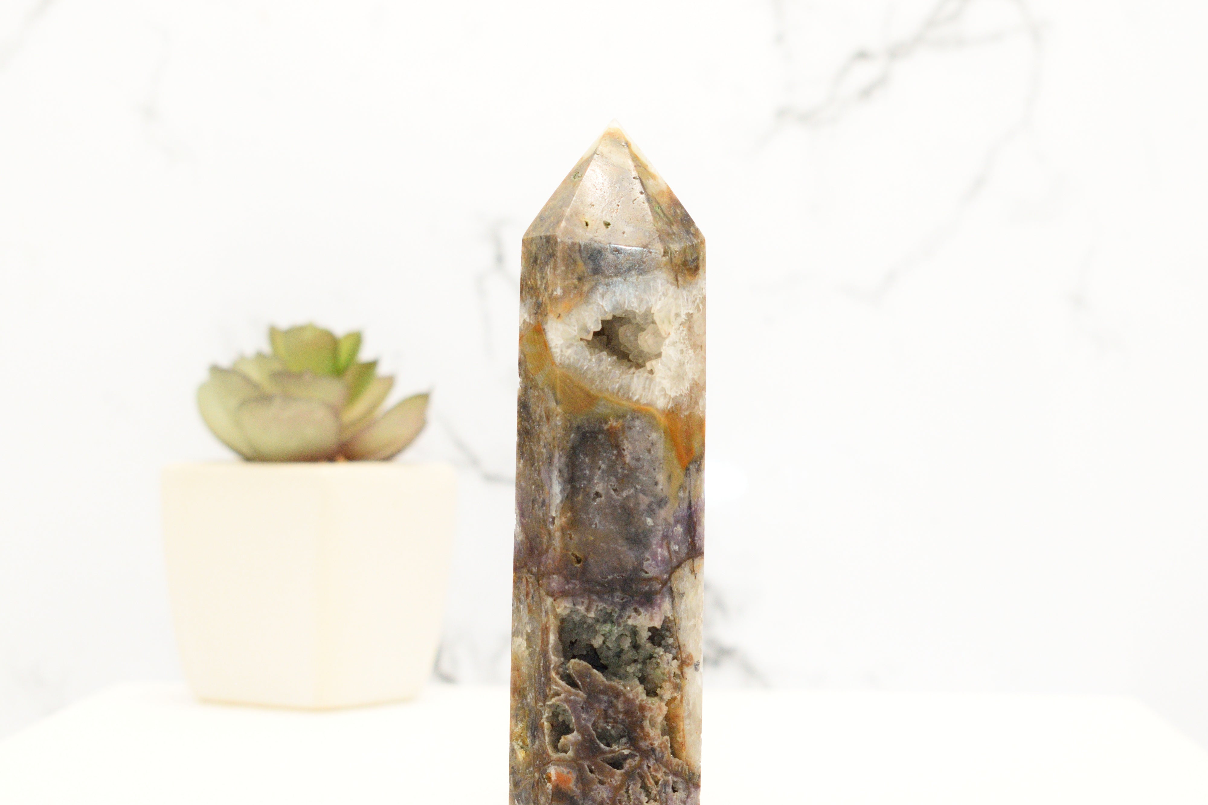 Sphalerite Tower With Grape Agate And Clear Quartz Druzy